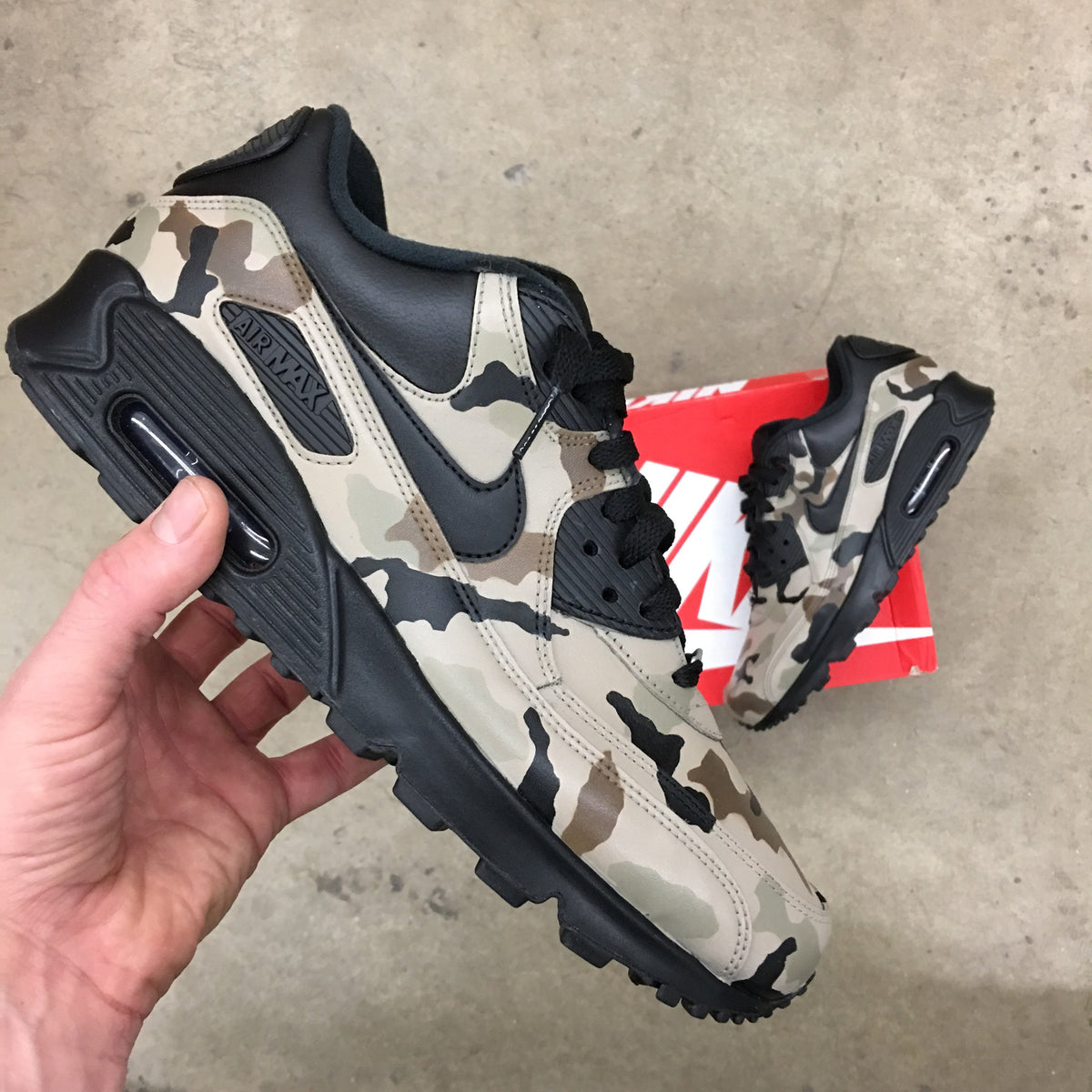 Custom Painted Leather Nike AM90 Desert Camo Behind the Scenes B Street Shoes