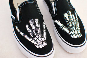 Hand Painted Shaka Skeleton Hands - Black Canvas Slip On Vans Shoes