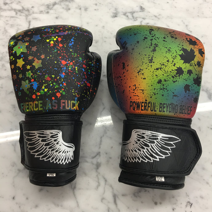 Rainbow and Black, Opposites Attract Custom Ordered Boxing Gloves - Custom Hand Painted Boxing Gloves