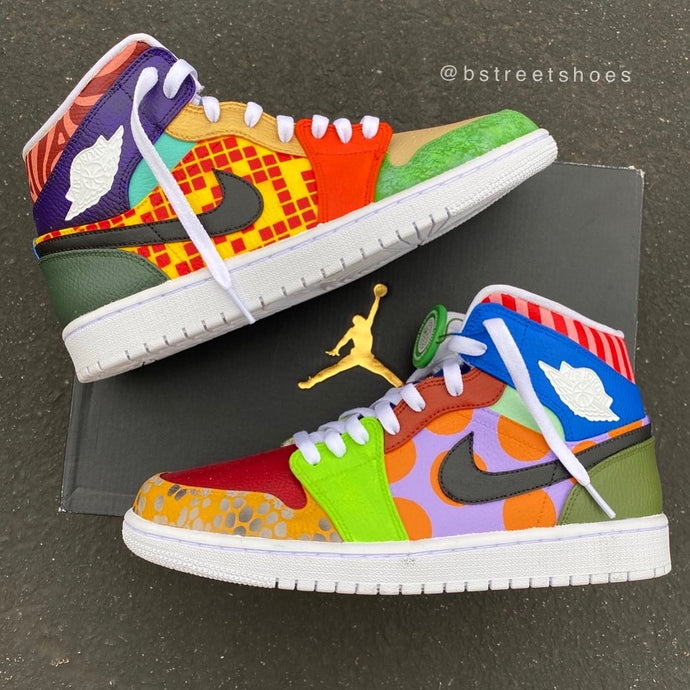 Pattern and Color Crazy - Custom Painted Nike Jordan 1 Mids "What The Jordan"