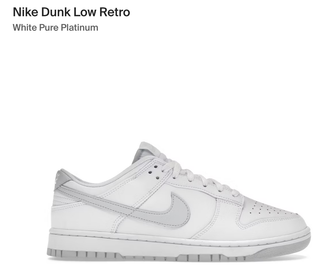 Nike Dunk Low Pure Platinum - 10.5m - Custom Order - Invoice 1 of 2
