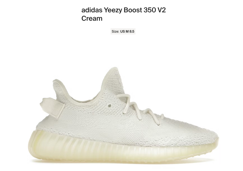 Yeezy Boost 350 Cream 8.5 mens Custom Order Invoice 1 of 2 B Street Shoes