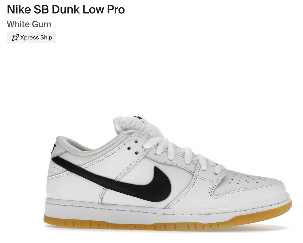 Nike SB Dunk Low Pro White Gum - 11 mens - Custom Order - Full Invoice