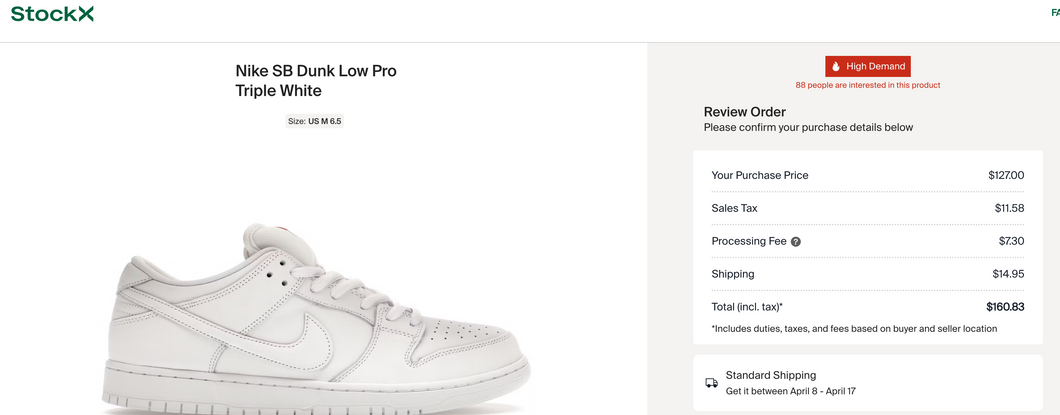 Nike SB Dunk Low Pro Triple White - 6.5/8 womens - Custom Order - Invoice 1 of 2 [#174887144]