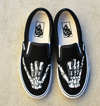Hand Painted Shaka Skeleton Hands - Black Canvas Slip On Vans Shoes