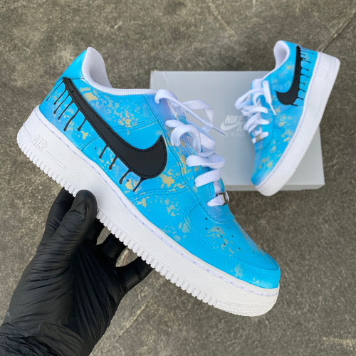 Custom Hand Painted Gold Speckled Blue Drip Nike Air Force 1