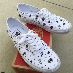 3 Pairs of Women's Bridal Party White Authentic Vans- Wedding Themed Doodles- Custom Order