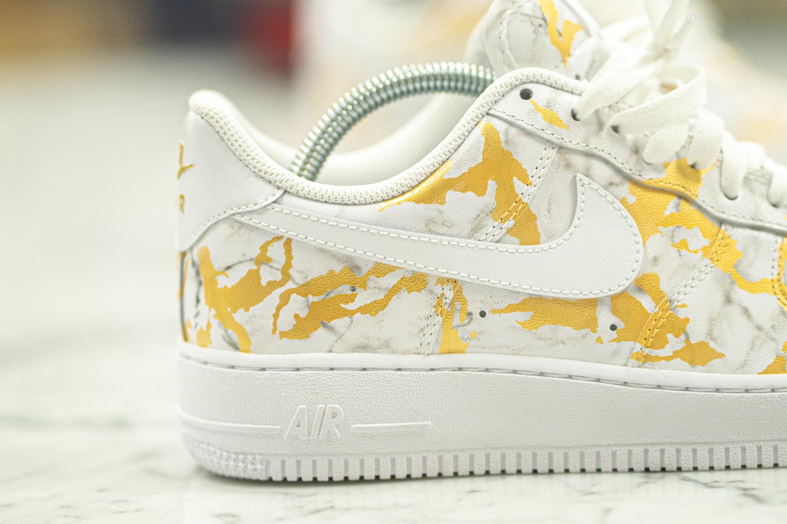Custom Nike Air Force 1 golden Swoosh Unique and Handpainted 